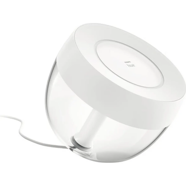 Die Philips Hue Ambiance Iris Tischleuchte in Weiß von Philips besticht durch ihr modernes Design mit runder Form, klarem Sockel und Netzkabel – eine stilvolle, smarte Leuchte für stimmungsvolle Ambientebeleuchtung in jedem Raum.