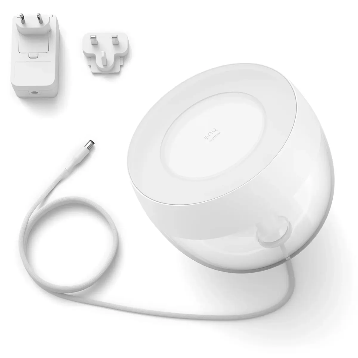 Die Philips Hue Ambiance Iris Tischleuchte – weiß von Philips ist eine smarte Tischleuchte mit Netzteil, Stecker und fest angeschlossenem Kabel auf weißem Hintergrund – ideal für stilvolle Stimmungsbeleuchtung in jedem Raum.