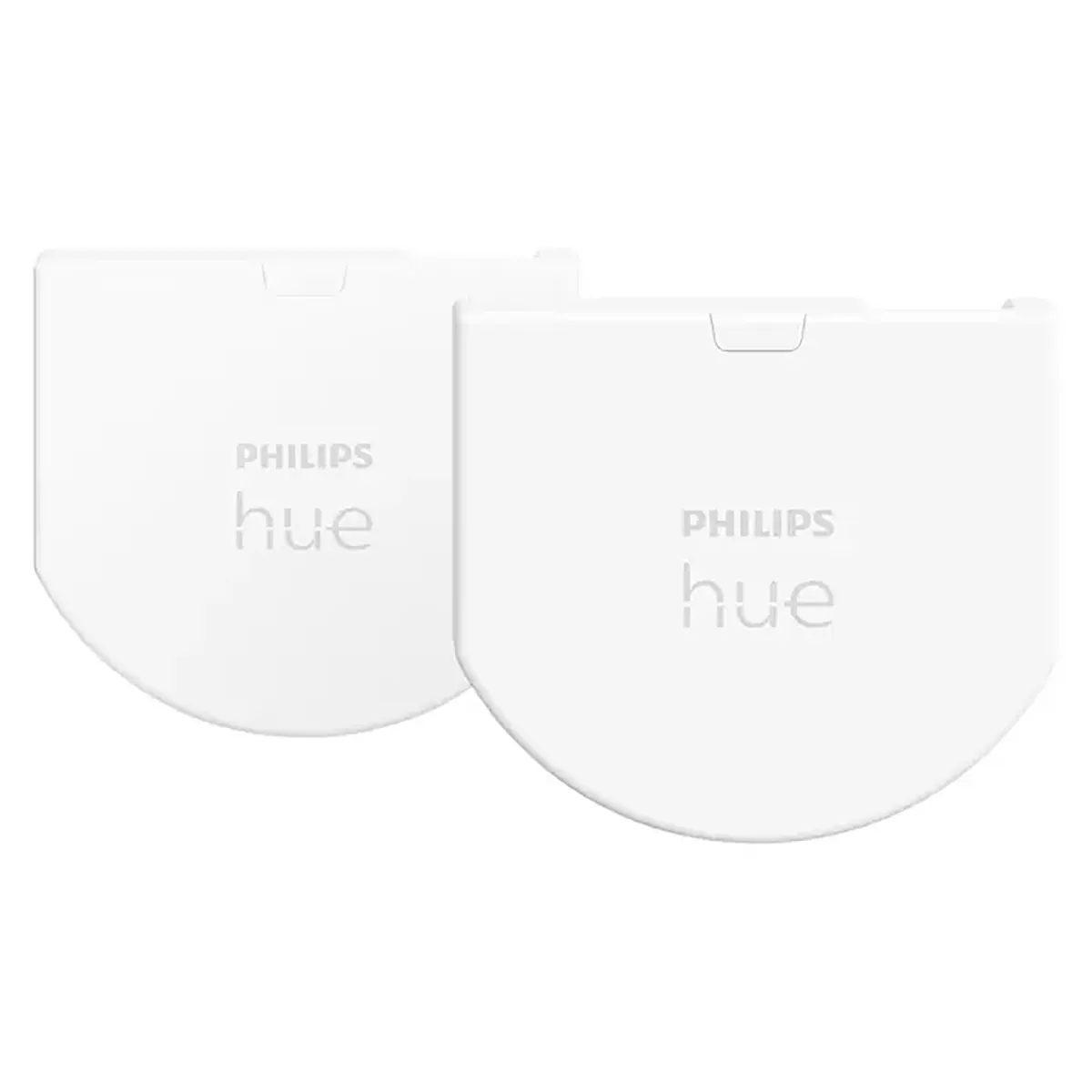 Zwei weiße Philips Hue Wandschalter-Module von Philips, jeweils mit dem Philips Hue-Logo, sind nebeneinander auf weißem Hintergrund abgebildet – ideal für alle, die ihr Hue-System nachrüsten oder mit der Philips Hue Bridge integrieren möchten.