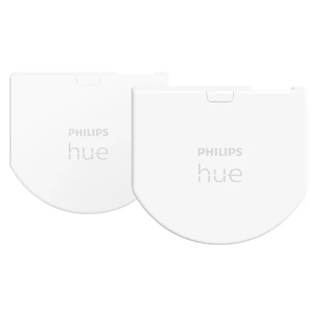 Zwei weiße Philips Hue Wandschalter-Module von Philips, jeweils mit dem Philips Hue-Logo, sind nebeneinander auf weißem Hintergrund abgebildet – ideal für alle, die ihr Hue-System nachrüsten oder mit der Philips Hue Bridge integrieren möchten.