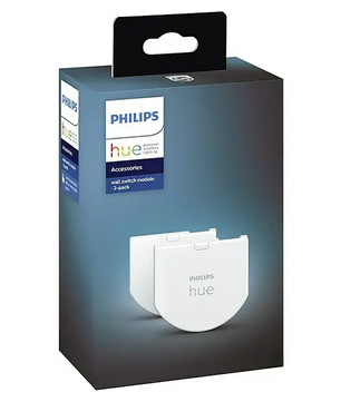 Das Philips Hue Wandschalter-Modul – weiß, 2er-Pack von Philips, verpackt in Schwarz und Blau mit Produktabbildung auf der Vorderseite, eignet sich ideal für die Verwendung mit Ihrer Philips Hue Bridge. Mit dem Philips Hue Wandschalter-Modul können Sie Ihr Smart-Lighting-System ganz einfach aufrüsten und nachrüsten.