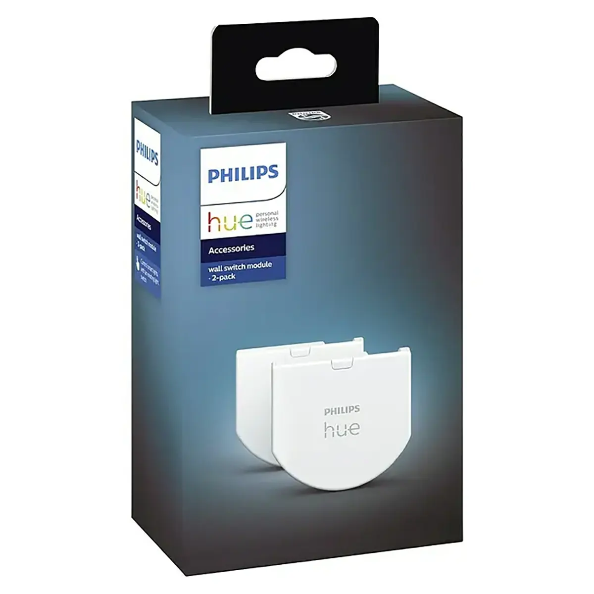 Das Philips Hue Wandschalter-Modul – weiß, 2er-Pack von Philips, verpackt in Schwarz und Blau mit Produktabbildung auf der Vorderseite, eignet sich ideal für die Verwendung mit Ihrer Philips Hue Bridge. Mit dem Philips Hue Wandschalter-Modul können Sie Ihr Smart-Lighting-System ganz einfach aufrüsten und nachrüsten.