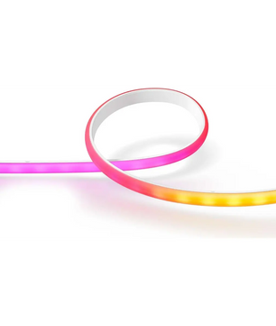 Flexible LED-Streifen von Philips in Rosa-, Orange- und Gelbtönen sind auf einer weißen Oberfläche aufgerollt – ideal für eine intelligente Beleuchtung mit dem Philips Hue Ambiance Gradient Lightstrip (weiß).