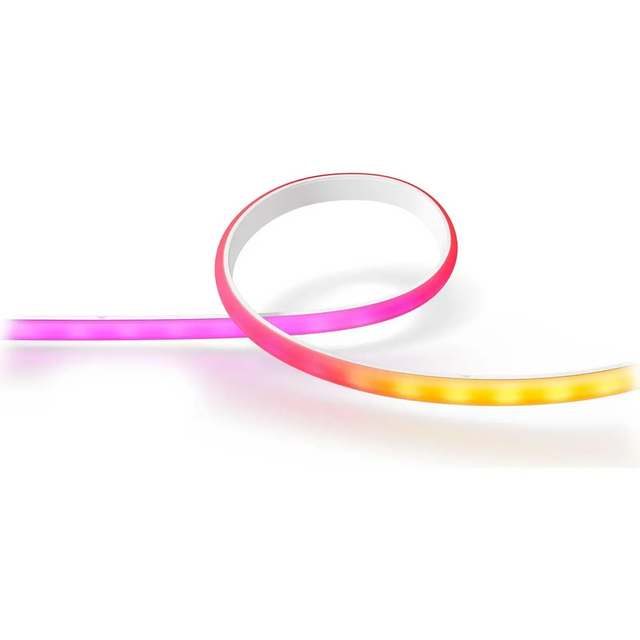 Flexible LED-Streifen von Philips in Rosa-, Orange- und Gelbtönen sind auf einer weißen Oberfläche aufgerollt – ideal für eine intelligente Beleuchtung mit dem Philips Hue Ambiance Gradient Lightstrip (weiß).