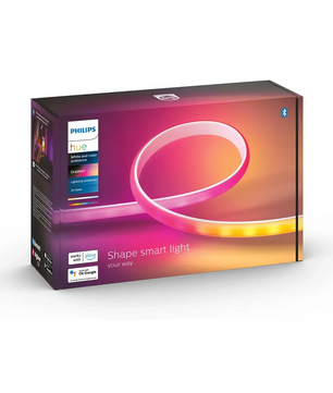 Philips Hue Ambiance Gradient Lightstrip – weiße Verpackung von Philips mit der Abbildung eines flexiblen LED-Streifens auf der Vorderseite, die den innovativen Ambiance Gradient Lightstrip für eine intelligente Beleuchtung in Ihrem Zuhause hervorhebt.