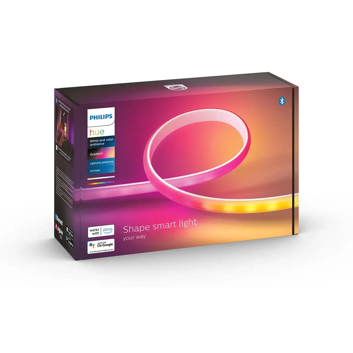 Philips Hue Ambiance Gradient Lightstrip – weiße Verpackung von Philips mit der Abbildung eines flexiblen LED-Streifens auf der Vorderseite, die den innovativen Ambiance Gradient Lightstrip für eine intelligente Beleuchtung in Ihrem Zuhause hervorhebt.