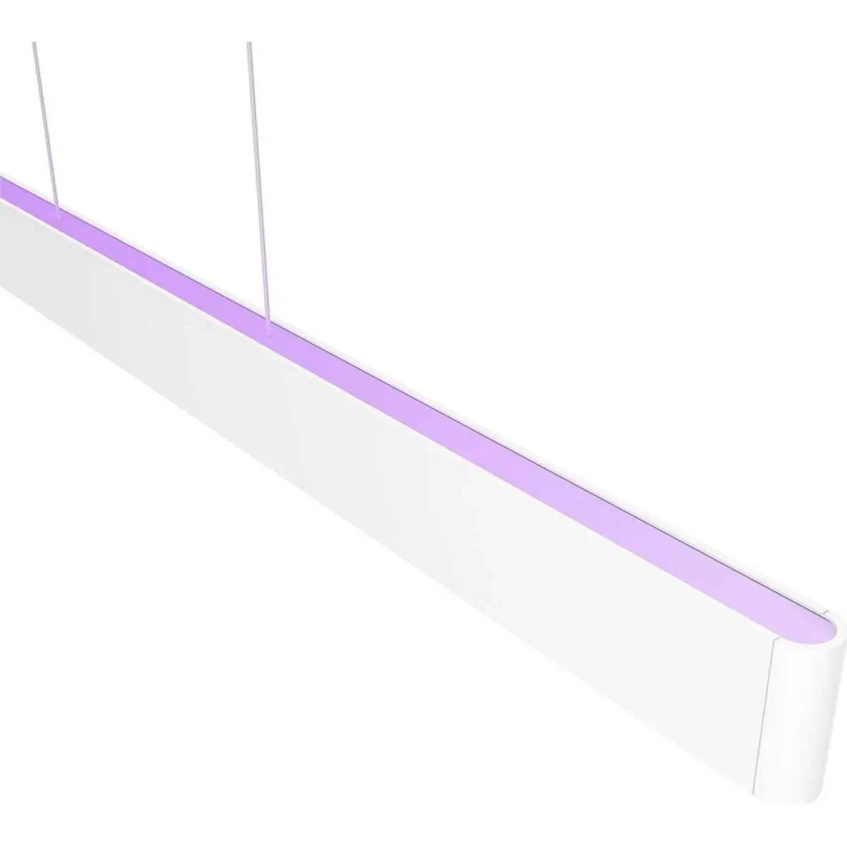 Die Philips Hue Ensis Ambiance Pendelleuchte – weiß von Philips ist eine moderne, weiße Pendelleuchte mit einem schlanken, violett leuchtenden Streifen entlang ihrer gesamten Länge, der mit „White & Color Ambiance“ eine mühelos stilvolle Atmosphäre in Ihren Raum zaubert.