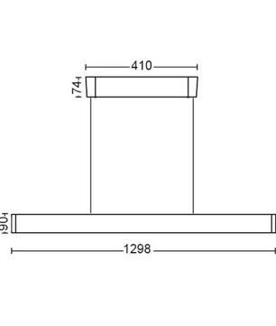 Technische Zeichnung mit angegebenen Maßen: 1004, 744, 410, 904, 70, 40 und 1298 Einheiten. Diese schematische Darstellung veranschaulicht die Abmessungen der Philips Hue Ensis Ambiance Pendelleuchte – weiß von Philips, die für White & Color Ambiance konzipiert ist und über Bluetooth-Kompatibilität verfügt.