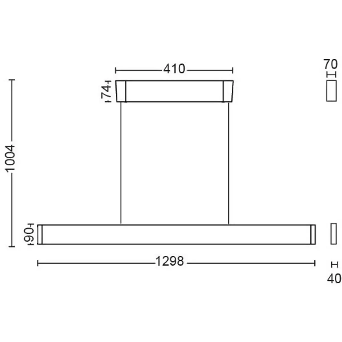 Technische Zeichnung mit angegebenen Maßen: 1004, 744, 410, 904, 70, 40 und 1298 Einheiten. Diese schematische Darstellung veranschaulicht die Abmessungen der Philips Hue Ensis Ambiance Pendelleuchte – weiß von Philips, die für White & Color Ambiance konzipiert ist und über Bluetooth-Kompatibilität verfügt.