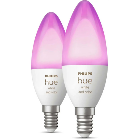Zwei Philips Hue Ambiance E14 LED-Lampen im Doppelpack in Weiß von Philips, die moderne, intelligente Beleuchtung mit fortschrittlicher LED-Technologie bieten und vor einem weißen Hintergrund präsentiert werden.