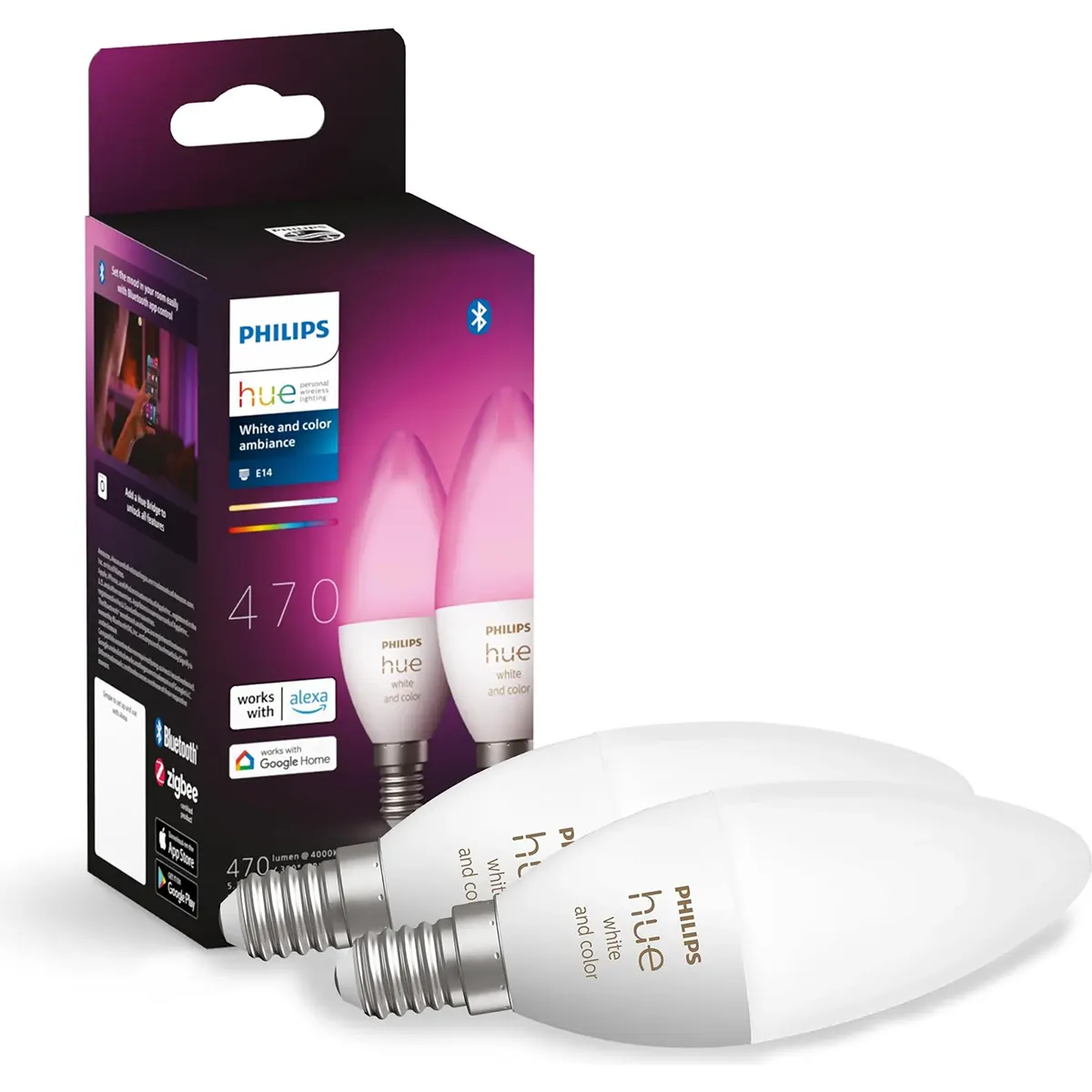 Zwei Philips Hue Ambiance E14 LED-Lampen im Doppelpack – weiß – und ihre überwiegend schwarze Verpackung mit gut sichtbaren Produktdetails von Philips bieten innovative, smarte Beleuchtung für Ihr Zuhause.