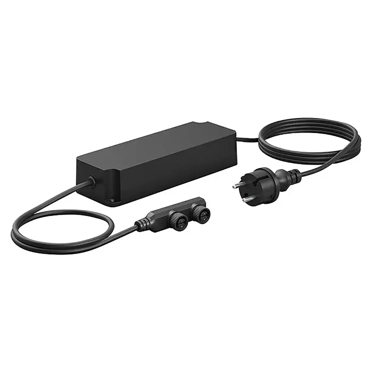 Schwarzes Philips Hue Outdoor-Netzteil mit 100 W, mit angeschlossenen Kabeln und einem europäischen Stecker, vor weißem Hintergrund – ideal für den Einsatz mit jedem intelligenten Niederspannungs-Außenbeleuchtungssystem.