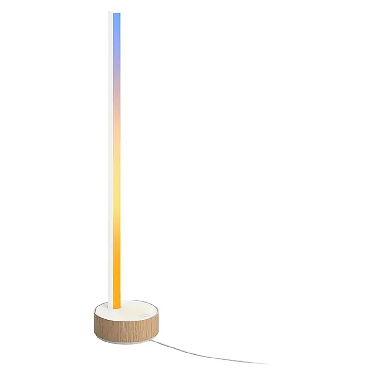 Die Philips Hue Gradient Signe Tischleuchte – weiß von Philips ist eine hohe, schlanke Tischleuchte mit LED-Beleuchtung in Gradient-Technologie und einem runden Holzsockel, die über ein sichtbares Kabel mit Strom versorgt wird und sich per Smart-Beleuchtungssteuerung bedienen lässt.