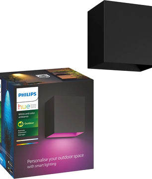 Philips Hue Resonate Down Ambiance Außenwandleuchte – weiß von Philips, komplett mit Verpackung, bietet vielseitige Fassadenbeleuchtung und individuell anpassbare Farblichteinstellungen.