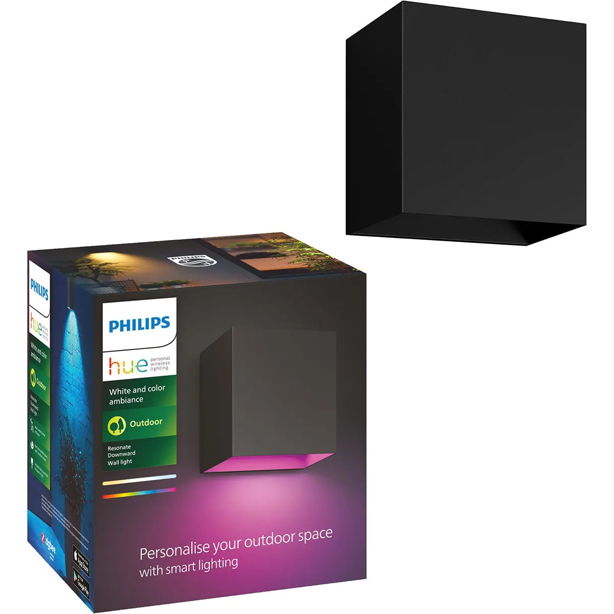 Philips Hue Resonate Down Ambiance Außenwandleuchte – weiß von Philips, komplett mit Verpackung, bietet vielseitige Fassadenbeleuchtung und individuell anpassbare Farblichteinstellungen.