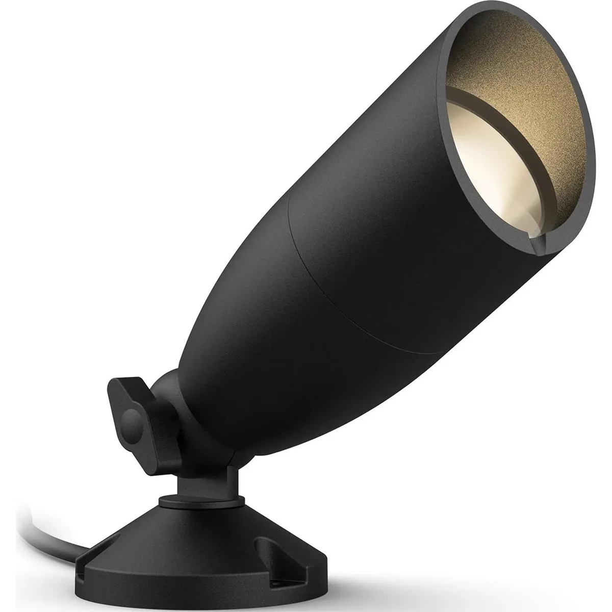 Der „WiZ Outdoor Ground Spot – schwarz“ von WiZ zeichnet sich durch eine konische Form aus, ist auf einem runden Sockel mit sichtbarem Kabel montiert und bietet intelligente LED-Gartenstrahler-Technologie für lebendiges, farbiges Licht in Ihren Außenbereichen.