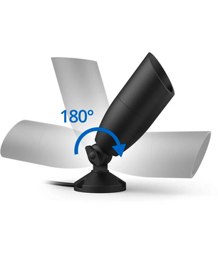 WiZ Outdoor Ground Spot – schwarzer Strahler von WiZ, abgebildet auf weißem Hintergrund mit einem blauen Pfeil und einem Bogen, der die 180-Grad-Drehbarkeit veranschaulicht. Dieser intelligente LED-Gartenstrahler sorgt mit farbigem Licht für eine vielseitige Außenbeleuchtung.