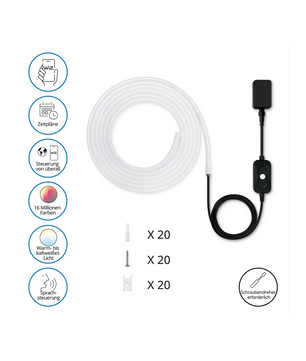 Der WiZ Outdoor LED Strip – weiß von WiZ wird mit einem Netzteil und Befestigungszubehör geliefert – ideal für eine farbenfrohe, wasserfeste Gartenbeleuchtung oder um jedem Außenbereich eine stilvolle Beleuchtung zu verleihen.