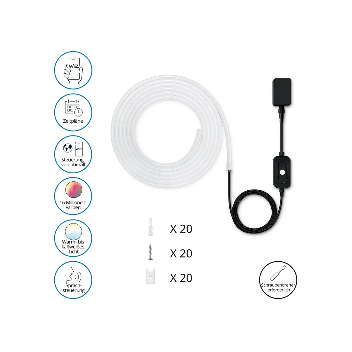 Der WiZ Outdoor LED Strip – weiß von WiZ wird mit einem Netzteil und Befestigungszubehör geliefert – ideal für eine farbenfrohe, wasserfeste Gartenbeleuchtung oder um jedem Außenbereich eine stilvolle Beleuchtung zu verleihen.