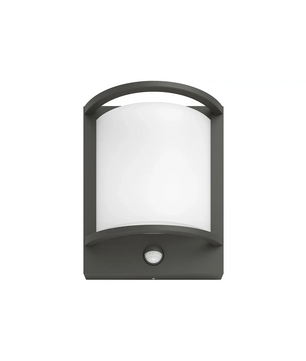 Die Philips Samondra LED-Außenwandleuchte in Schwarz verfügt über einen wetterfesten, geschwungenen Rahmen, einen weißen Diffusor und einen Bewegungssensor.