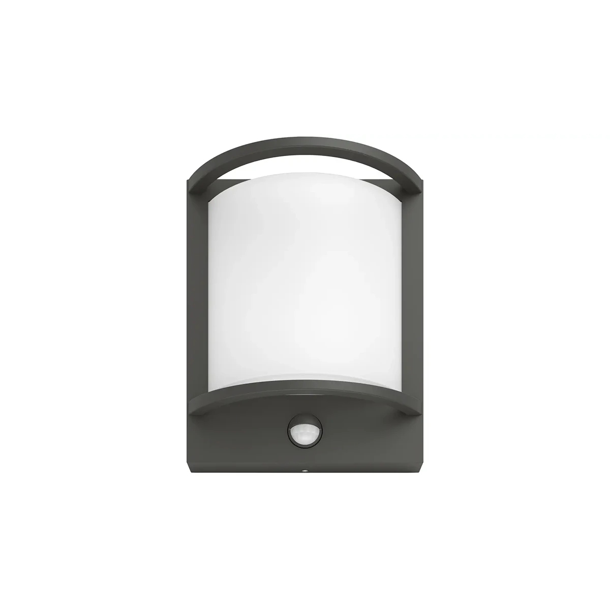 Die Philips Samondra LED-Außenwandleuchte in Schwarz verfügt über einen wetterfesten, geschwungenen Rahmen, einen weißen Diffusor und einen Bewegungssensor.