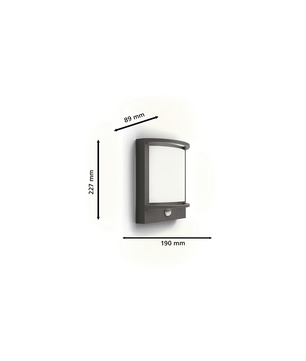 Die Philips Samondra LED-Außenwandleuchte in Schwarz ist wetterfest, mit Bewegungssensor ausgestattet und für die Wandmontage geeignet (Maße: 227 × 190 × 89 mm). Auf weißem Hintergrund präsentiert.