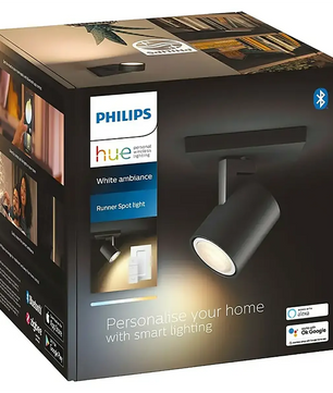 Philips Hue Ambiance Spot Runner LED-Leuchtmittel in Schwarz mit intelligenten Lichtfunktionen: dimmbarer GU10-LED-Spot, Bluetooth sowie Unterstützung für Alexa und Google Assistant. Genießen Sie vielseitige Beleuchtung mit Philips Hue White Ambiance, um in jedem Raum das perfekte Ambiente zu schaffen.