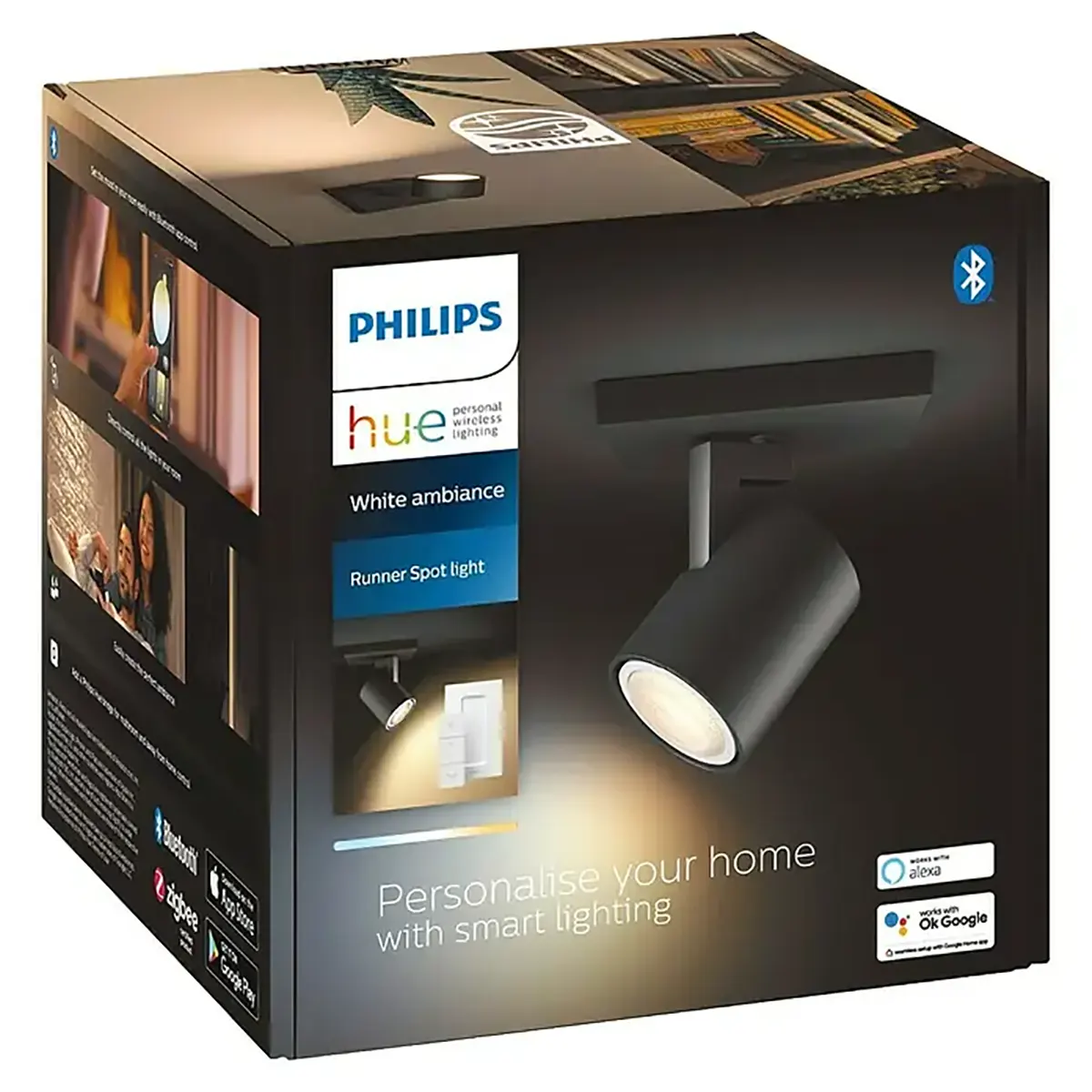 Philips Hue Ambiance Spot Runner LED-Leuchtmittel in Schwarz mit intelligenten Lichtfunktionen: dimmbarer GU10-LED-Spot, Bluetooth sowie Unterstützung für Alexa und Google Assistant. Genießen Sie vielseitige Beleuchtung mit Philips Hue White Ambiance, um in jedem Raum das perfekte Ambiente zu schaffen.