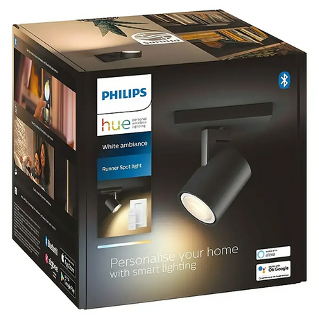 Philips Hue Ambiance Spot Runner LED-Leuchtmittel in Schwarz mit intelligenten Lichtfunktionen: dimmbarer GU10-LED-Spot, Bluetooth sowie Unterstützung für Alexa und Google Assistant. Genießen Sie vielseitige Beleuchtung mit Philips Hue White Ambiance, um in jedem Raum das perfekte Ambiente zu schaffen.