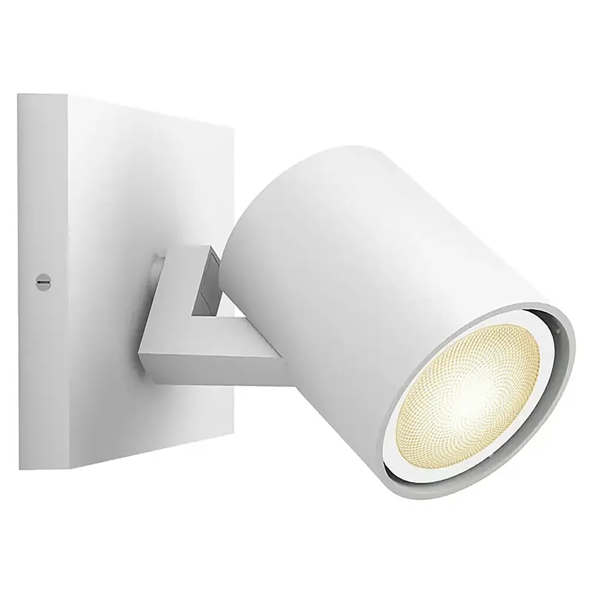 Moderner Wandstrahler in Weiß mit zylindrischem Leuchtenkopf und quadratischem Sockel, abgebildet mit eingeschalteter Beleuchtung. Der Philips Hue White Ambiance Spot Runner von Philips ist mit GU10-LED-Strahlern kompatibel, dimmbar und lässt sich nahtlos in das Philips Hue White Ambiance-System integrieren, um eine individuell anpassbare Beleuchtung zu ermöglichen.
