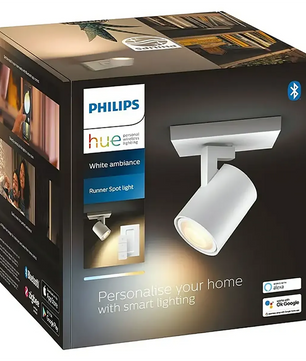 Verpackung des Philips Hue White Ambiance Spot Runner – weiß von Philips, mit dimmbarer GU10-LED-Spot-Technologie, „White Ambiance“-Lichtstimmung und Bluetooth-fähiger Smart-Beleuchtung.