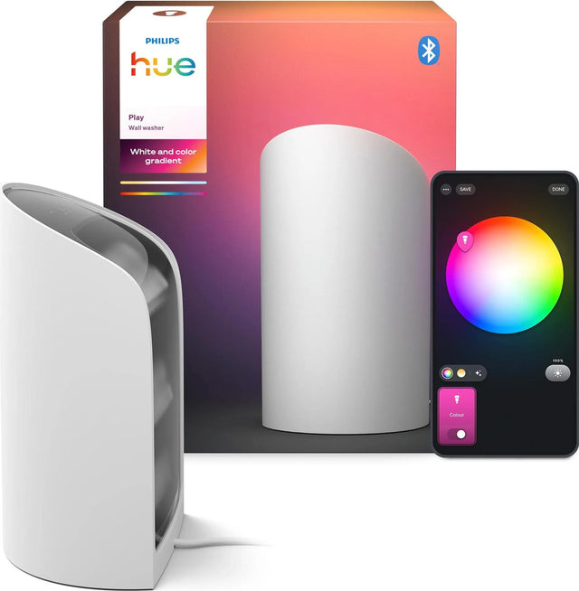 Philips Hue Play Wallwasher – weiß von Philips, inklusive Verpackung und Smartphone-App mit Farbauswahl-Tool für farbige Hintergrundbeleuchtung.