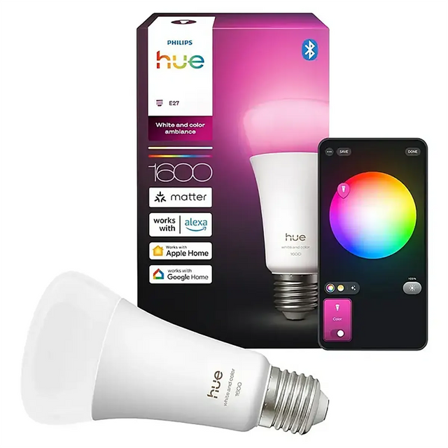 Philips Hue A67 Ambiance E27 LED-Lampe – weiß, mit Verpackung und Smart-Home-Beleuchtung: Die dazugehörige Philips-App zeigt den Bildschirm zur Farbauswahl an.