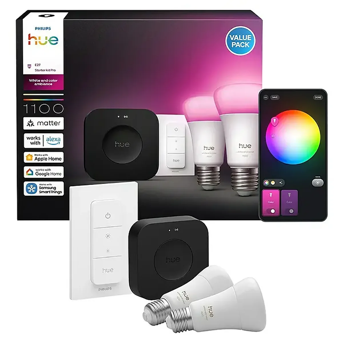 Wir stellen vor: das Philips Hue A60 E27 Starter-Kit V3 in Schwarz und Weiß von Philips, bestehend aus zwei E27-LED-Lampen, einer Bridge, einem Schalter und einer mobilen App zur Farbsteuerung – ideal, um in Ihrem gesamten Zuhause eine intelligente Beleuchtung zu schaffen.