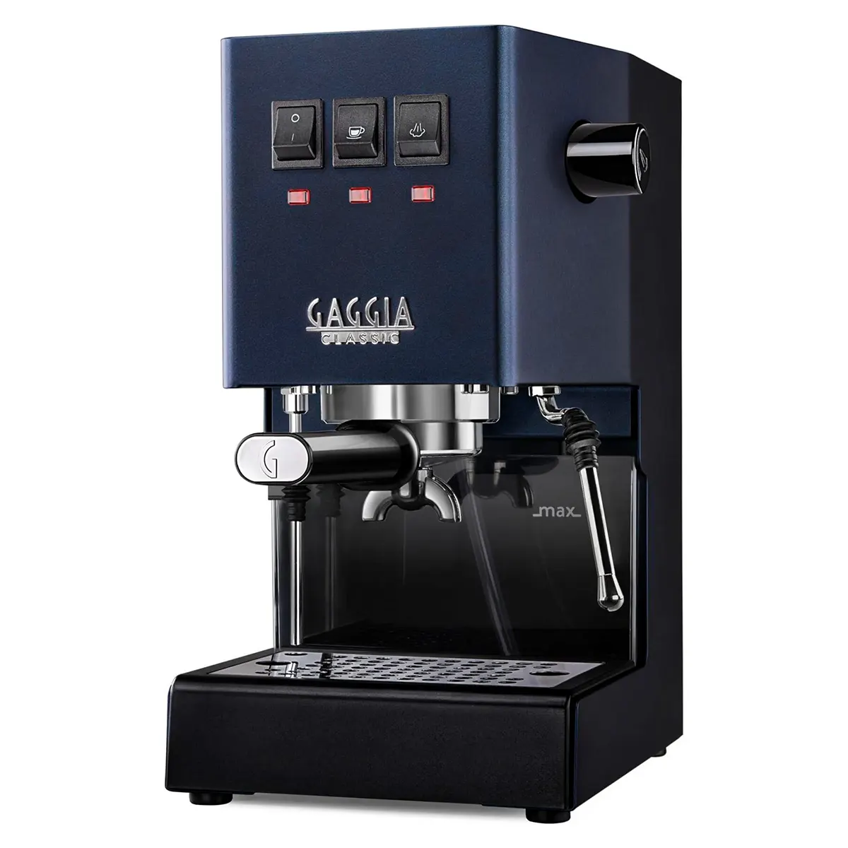 Die Siebträgermaschine „Gaggia Classic Evo E24 RI9481/15“ in Blau von Gaggia mit Bedienknöpfen und Dampfdüse steht vor einem weißen Hintergrund – perfekt für authentischen Espresso zu Hause.