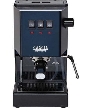 Vorderansicht der Gaggia Classic Evo E24 RI9481/15 Siebträgermaschine in Blau mit Tasten und Dampfdüse – ideal für Espresso von Gaggia.
