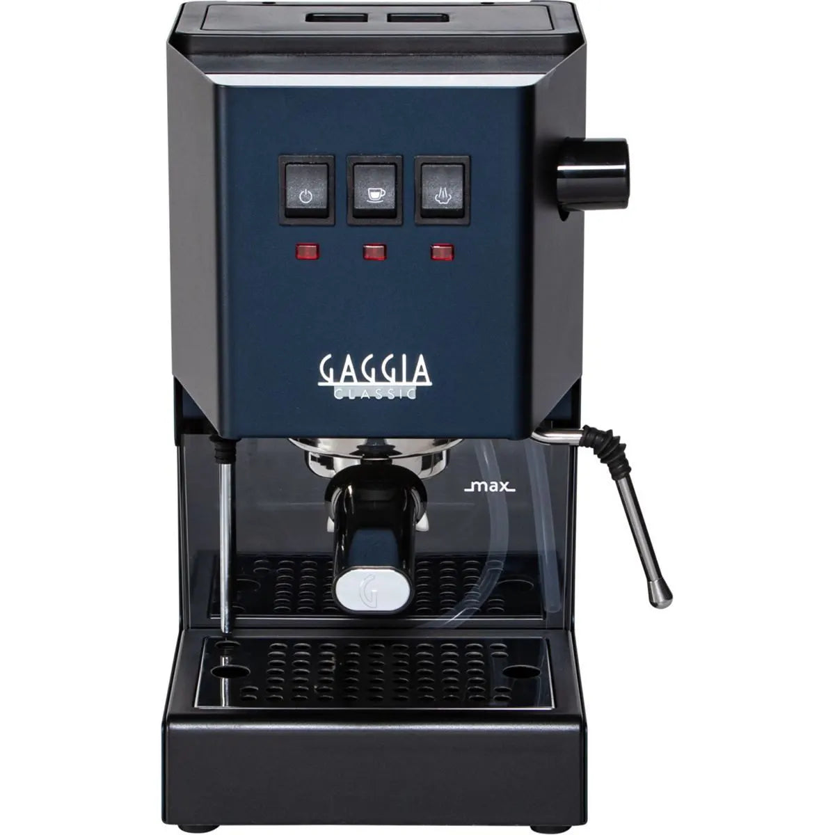 Vorderansicht der Gaggia Classic Evo E24 RI9481/15 Siebträgermaschine in Blau mit Tasten und Dampfdüse – ideal für Espresso von Gaggia.