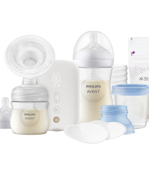 Philips AVENT Elektrische Einzelmilchpumpe Premium im Set (SCD330/31) von Philips, inklusive Flaschen, Deckeln, Milchaufbewahrungsbeuteln und Stilleinlagen mit Natural Motion-Technologie auf weißem Hintergrund.