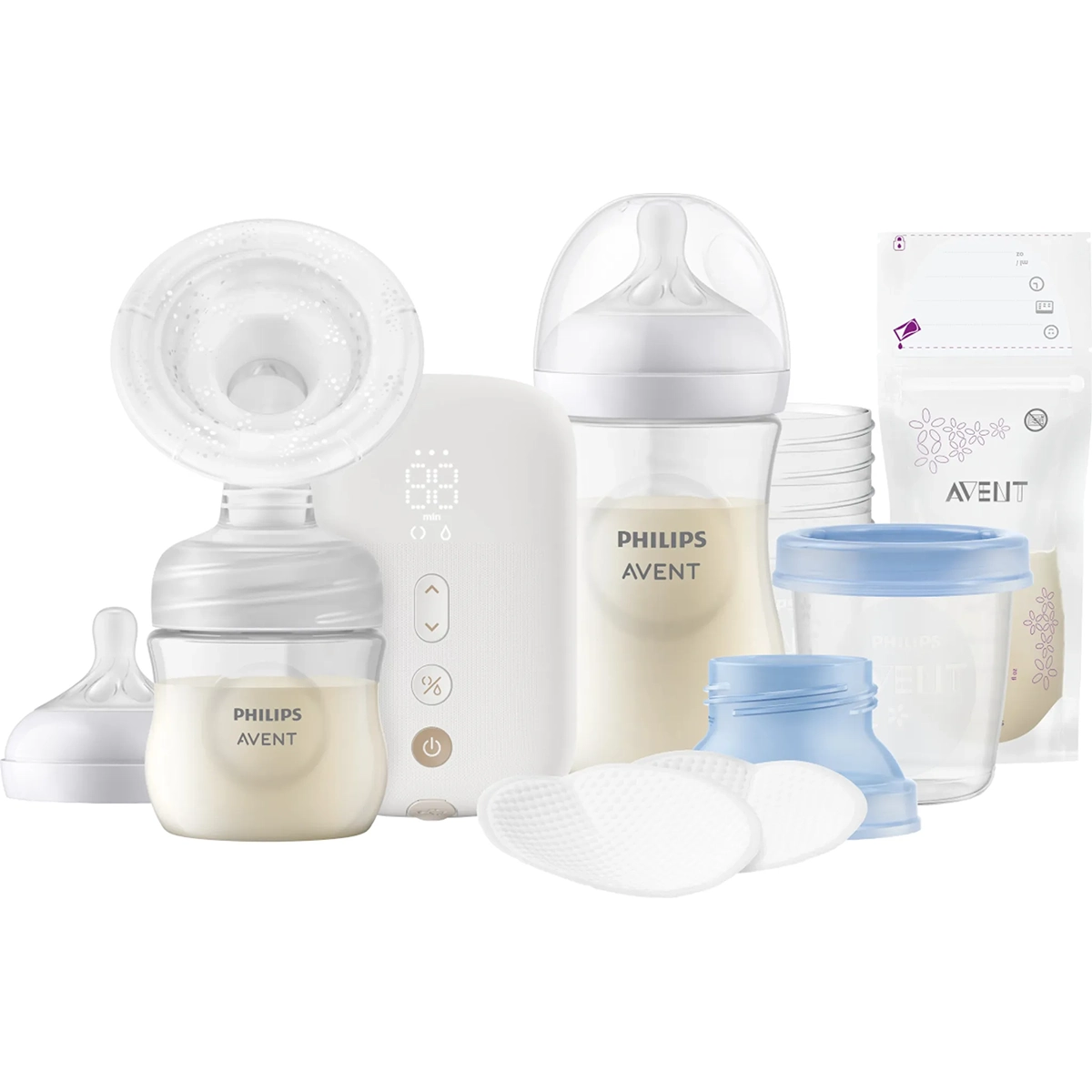 Philips AVENT Elektrische Einzelmilchpumpe Premium im Set (SCD330/31) von Philips, inklusive Flaschen, Deckeln, Milchaufbewahrungsbeuteln und Stilleinlagen mit Natural Motion-Technologie auf weißem Hintergrund.