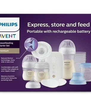 Die Philips AVENT Elektrische Einzelmilchpumpe Premium im Set (SCD330/31) von Philips enthält Flaschen, Natural Motion-Technologie Milchpumpe, Aufbewahrungsbehälter und Zubehör - alles in einer praktischen Starterbox.