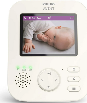 Das Philips AVENT Video Babyphone Advanced (SCD882/26) von Philips zeigt ein Baby auf dem LCD-Farbbildschirm, darunter befinden sich Steuerungstasten und Anzeigelichter.