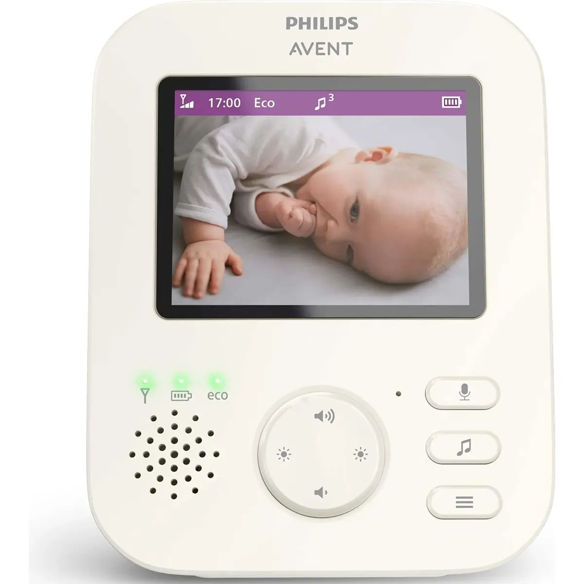 Das Philips AVENT Video Babyphone Advanced (SCD882/26) von Philips zeigt ein Baby auf dem LCD-Farbbildschirm, darunter befinden sich Steuerungstasten und Anzeigelichter.