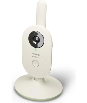 Das Philips AVENT Video-Babyphone Advanced (SCD882/26) von Philips steht aufrecht auf einem runden Sockel und verfügt über eine Kamera, eine Steuerungstaste und eine sichere 2,4-GHz-FHSS-Technologie für eine zuverlässige Verbindung.