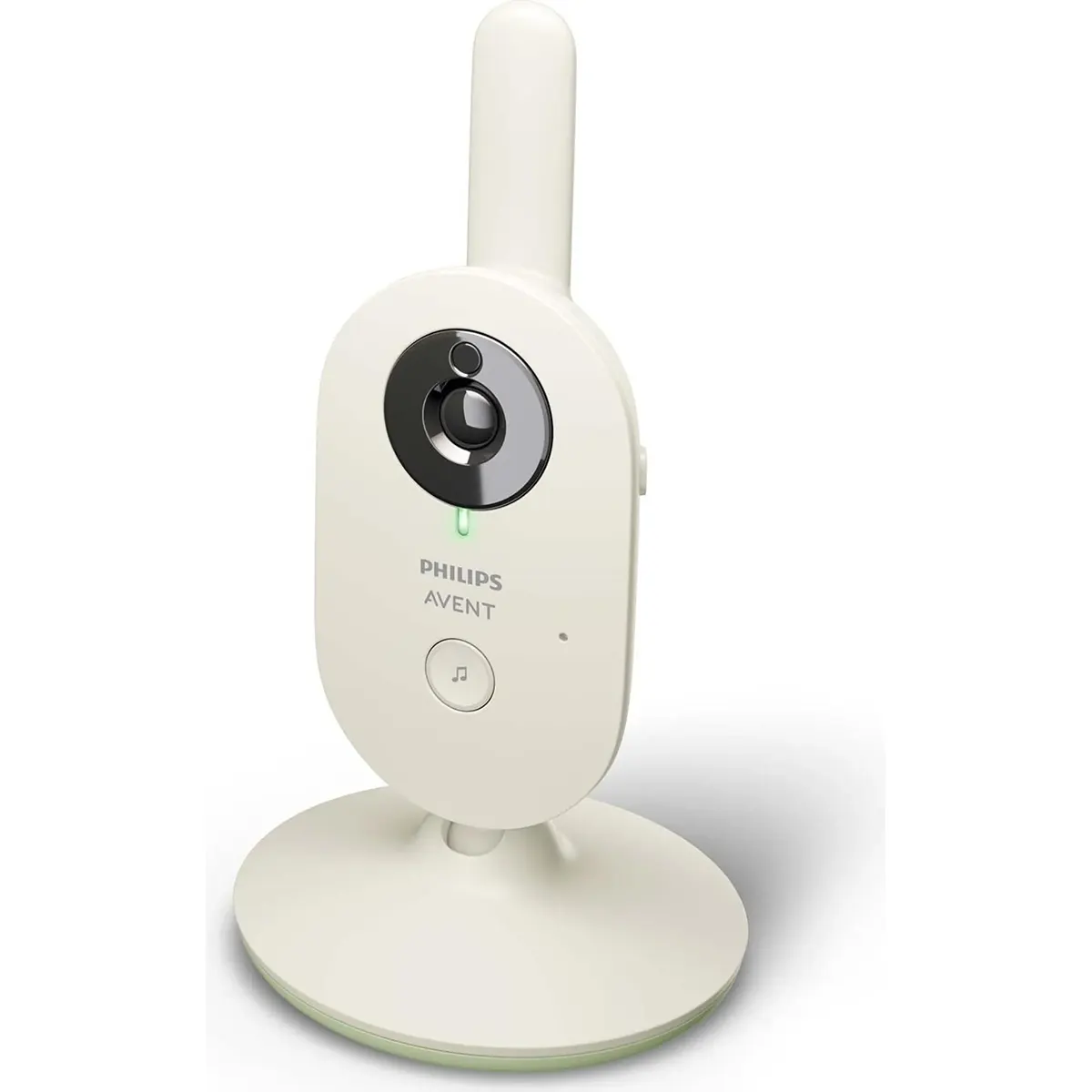 Das Philips AVENT Video-Babyphone Advanced (SCD882/26) von Philips steht aufrecht auf einem runden Sockel und verfügt über eine Kamera, eine Steuerungstaste und eine sichere 2,4-GHz-FHSS-Technologie für eine zuverlässige Verbindung.