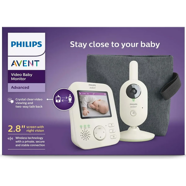 Das Philips AVENT Video-Babyphone Advanced (SCD882/26) von Philips ist mit Gerät, Kamera und Gehäuse auf einem lila Hintergrund abgebildet und verfügt über eine sichere 2,4-GHz-FHSS-Technologie für eine zuverlässige Videoüberwachung.