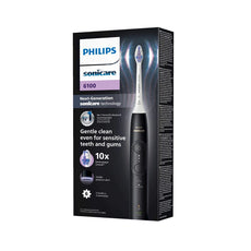Philips Sonicare Series 6100 HX7401/01 Schallzahnbürste mit Produktbild und Key-Features auf der Verpackung - ideal zur Plaque-Entfernung und für empfindliche Zähne.