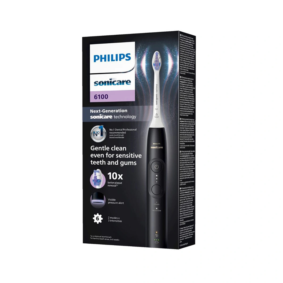 Philips Sonicare Series 6100 HX7401/01 Schallzahnbürste mit Produktbild und Key-Features auf der Verpackung - ideal zur Plaque-Entfernung und für empfindliche Zähne.