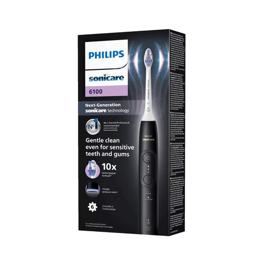 Philips Sonicare Series 6100 HX7401/01 Schallzahnbürste mit Produktbild und Key-Features auf der Verpackung - ideal zur Plaque-Entfernung und für empfindliche Zähne.