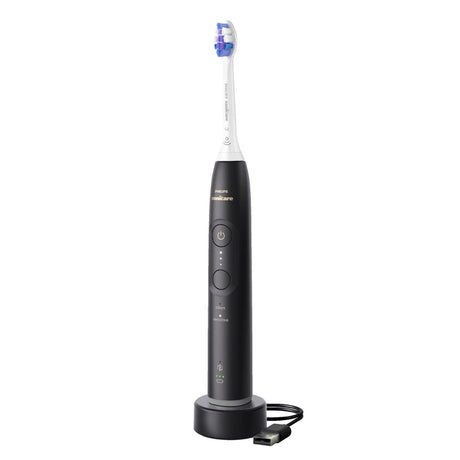Die Philips Sonicare Series 6100 HX7401/01 von Philips ist eine elegante schwarze elektrische Zahnbürste mit Ladestation, USB-Kabel, zwei Tasten und Kontrollleuchten - ideal für die Entfernung von Plaque und die Pflege empfindlicher Zähne.