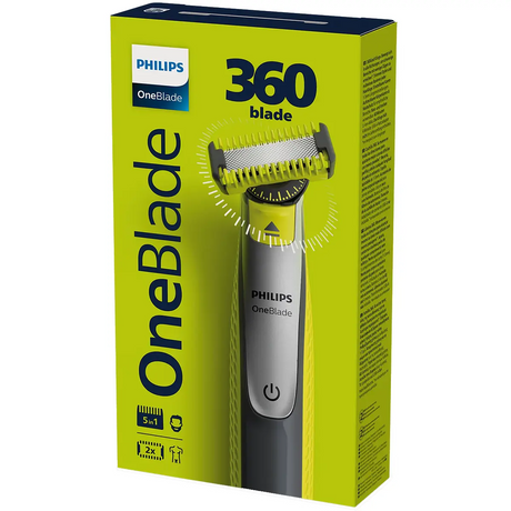 Philips OneBlade 360 QP2834/23 Rasierer in Grün, ideal für Bart- und Körperpflege, mit Markenlogo und Produktabbildung.